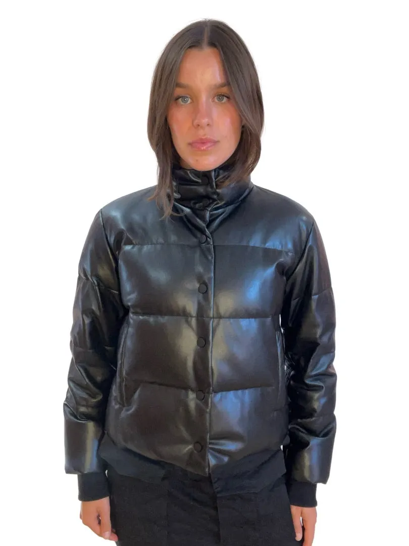 Husk Black Pleather Puffer Jacket. Size: S
