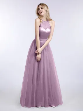 Illusion Neckline Long Tulle Dress-Vintage Mauve Plus Size