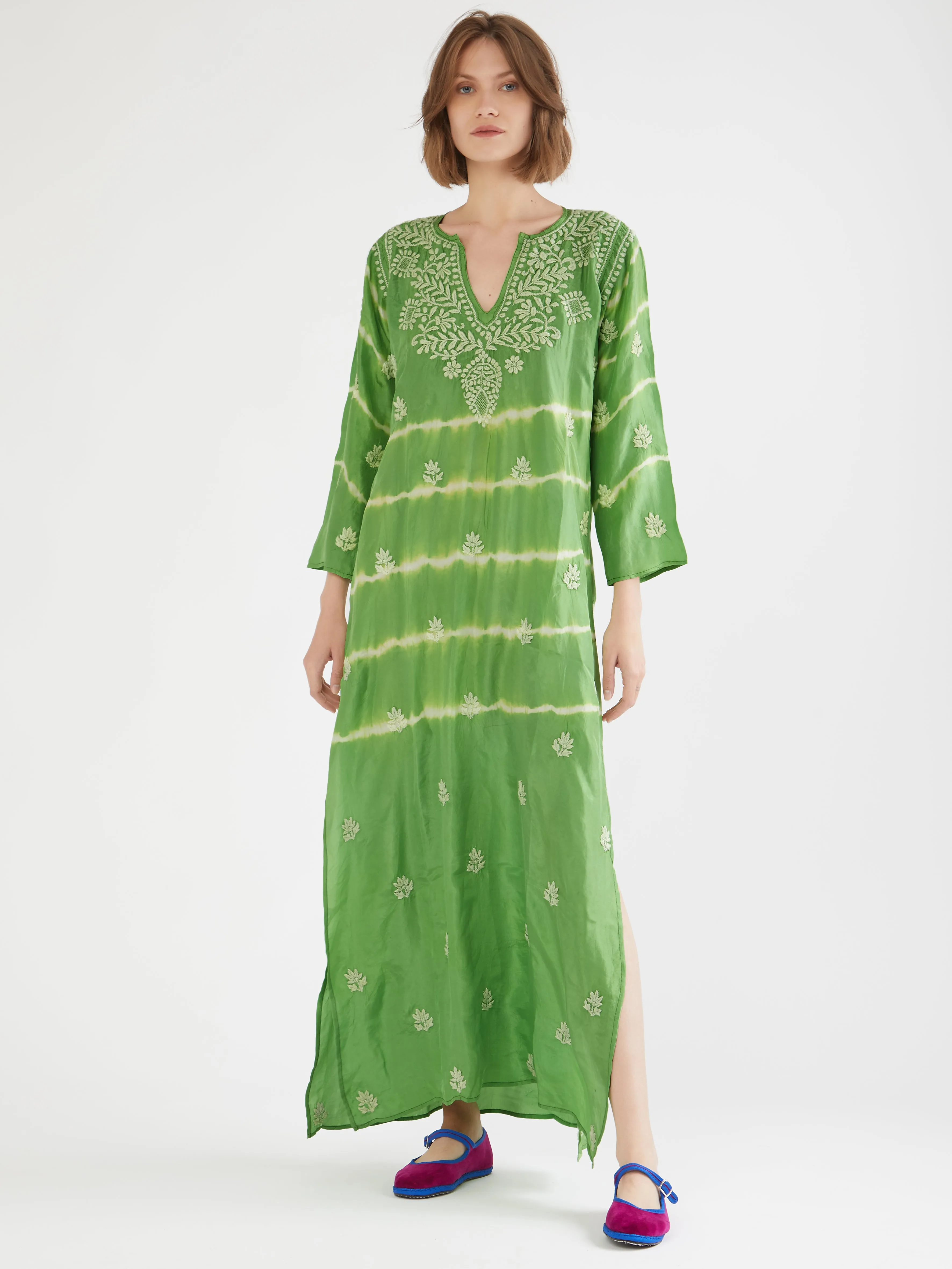 Indian silk tie-dye embroidered kaftan