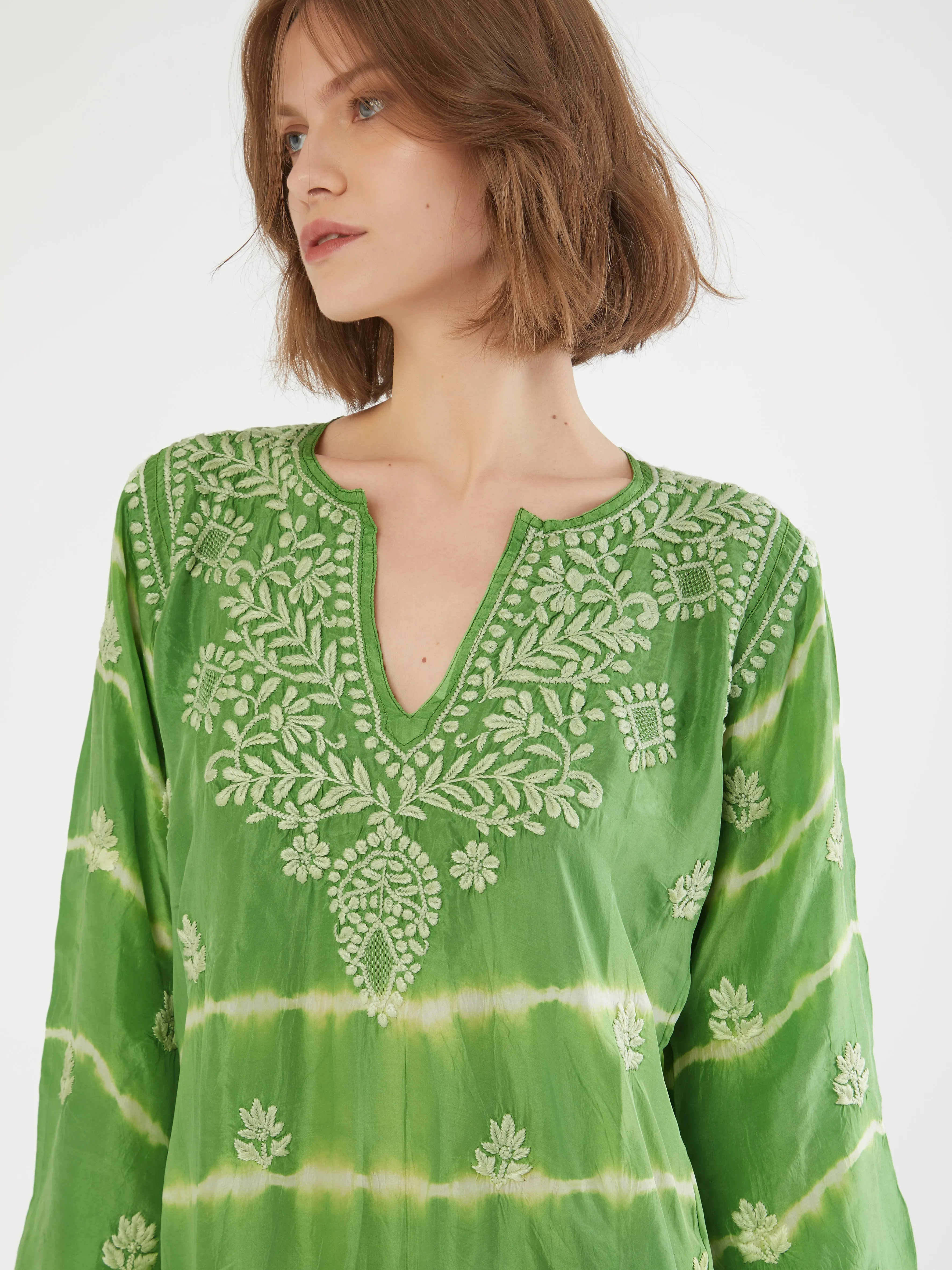 Indian silk tie-dye embroidered kaftan