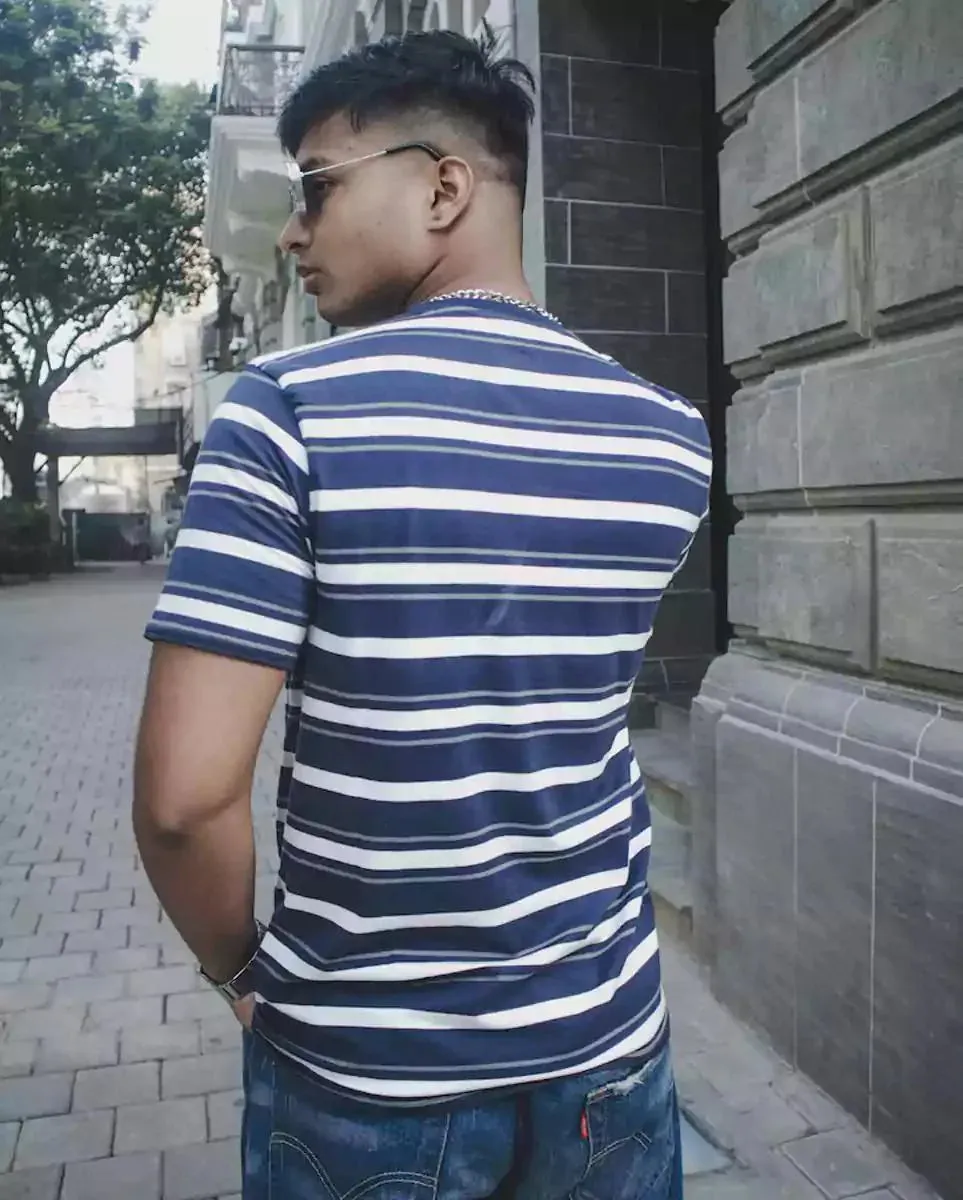 Indigo & White Crew Neck Striper Tee