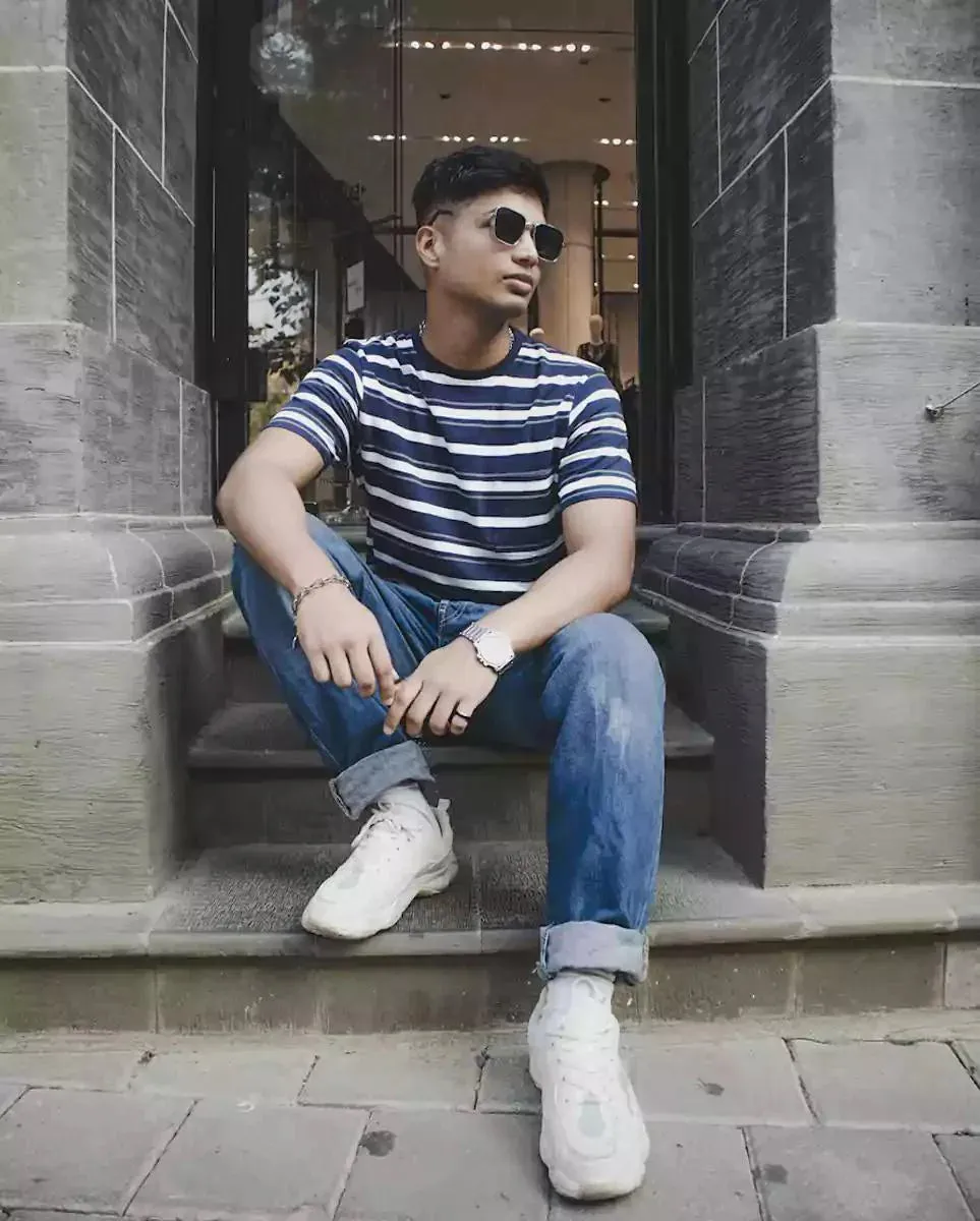 Indigo & White Crew Neck Striper Tee