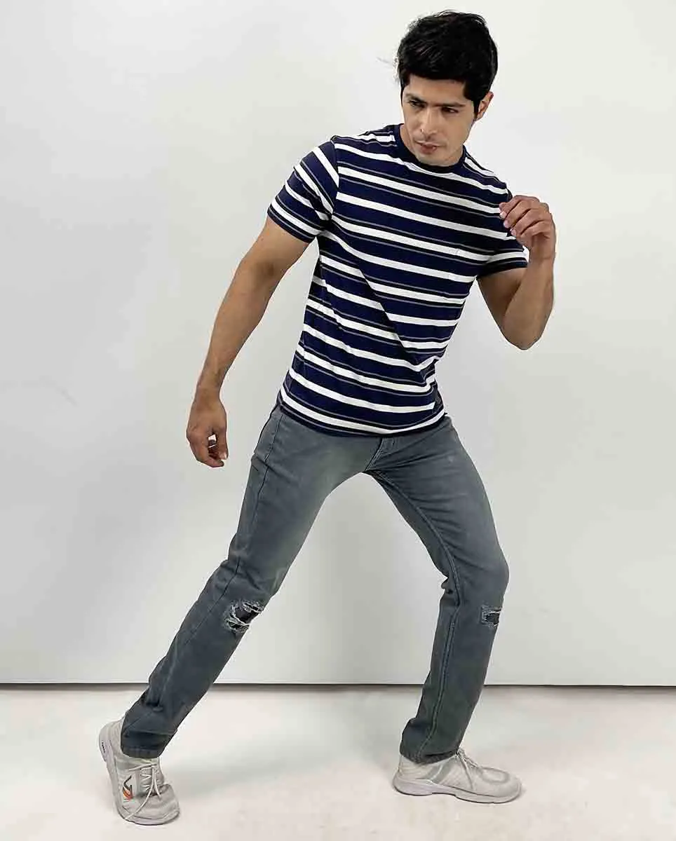 Indigo & White Crew Neck Striper Tee
