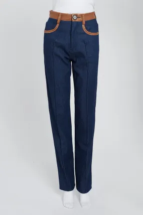 Indigo High-Waisted Jeans With Brown Leather Trim