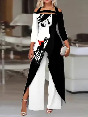 Irregular Clipping Three-Quarter Sleeves Figure Printed Cold Shoulder Blouses&Shirts Tops 119673