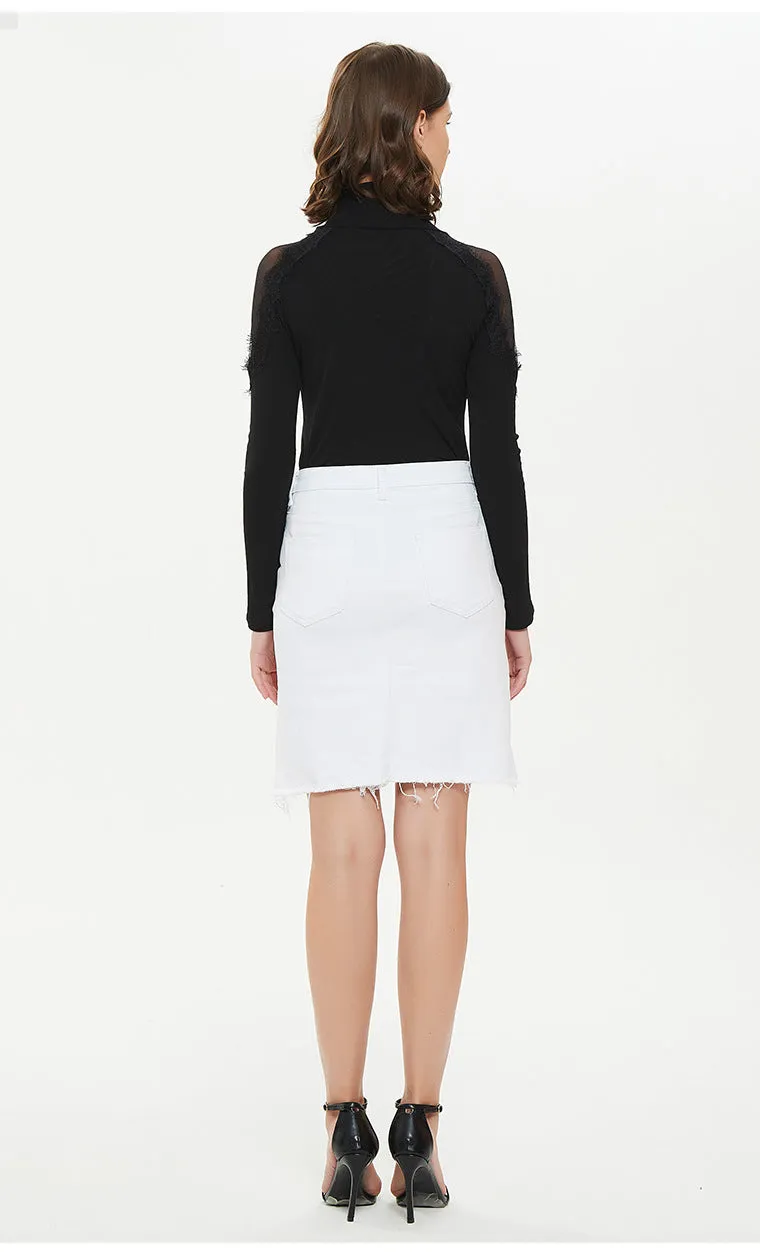 Irregular Split White Hip Denim Skirt