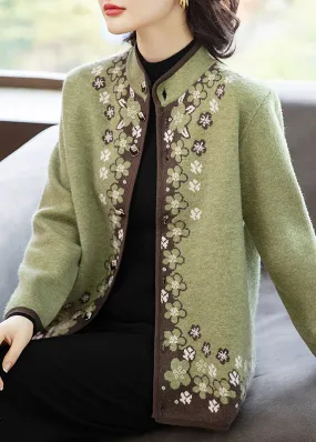 Italian Green Button Print Patchwork Knit Coats Fall