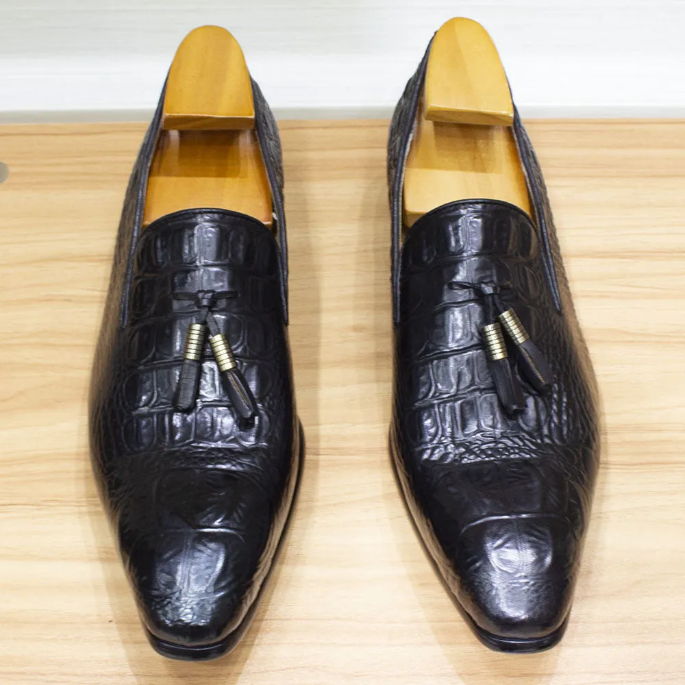 Italian Handmade Men's Business Casual Leather Shoes Pointed-Toe Authentic Leather Tassel Loafers Male Crocodile Pattern Fashionable Men's Shoes