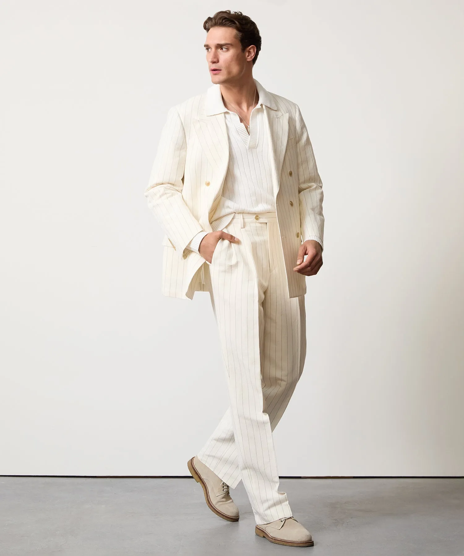 Italian Linen Wythe Jacket in White Pinstripe