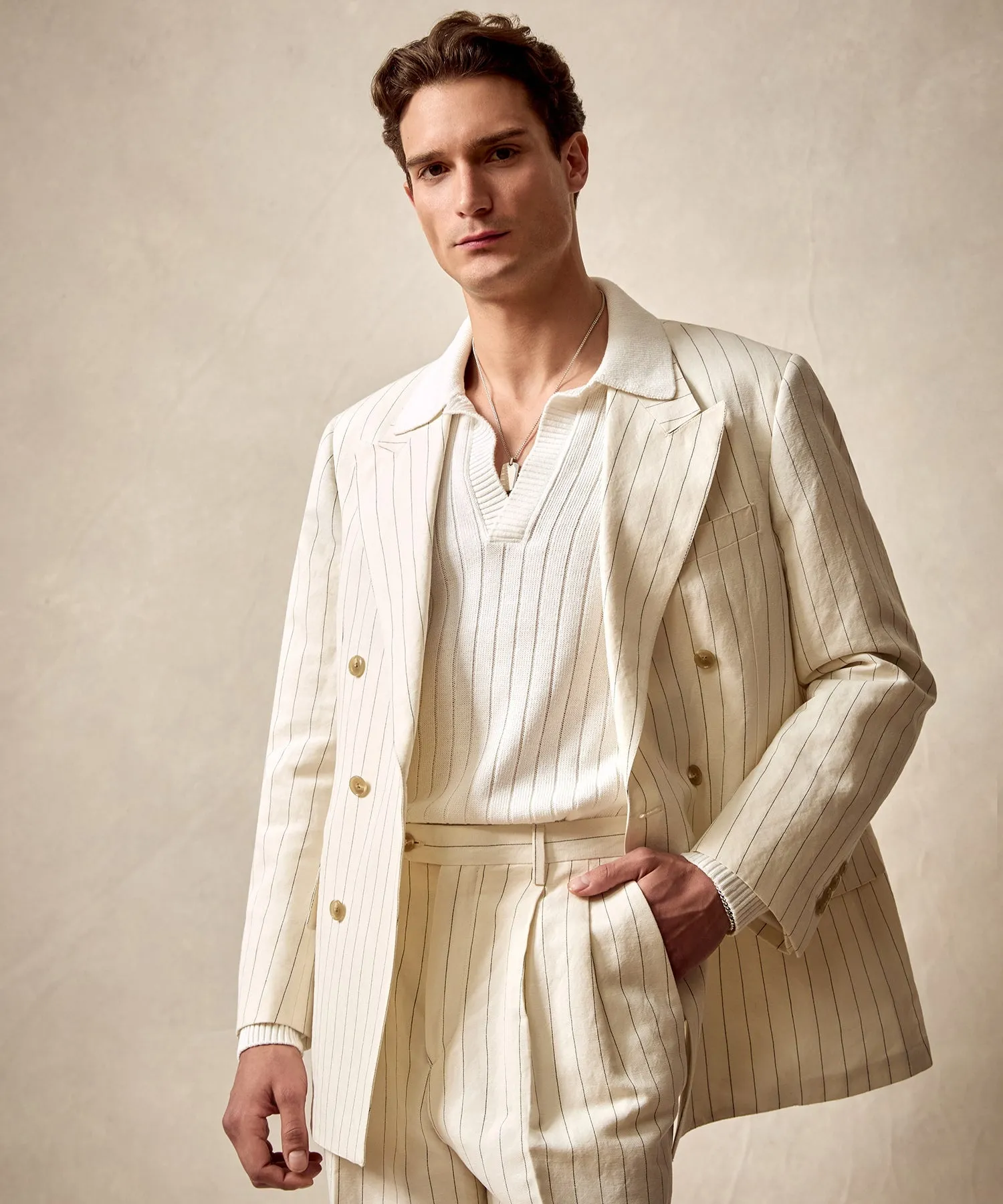 Italian Linen Wythe Jacket in White Pinstripe