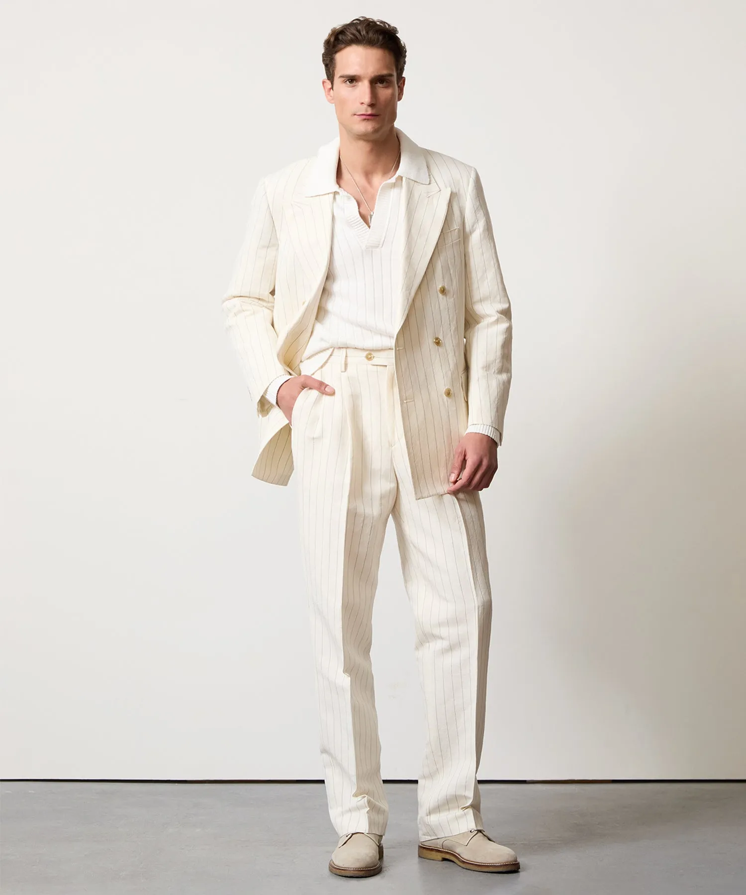 Italian Linen Wythe Jacket in White Pinstripe