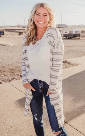 Ivory & Grey Striped Knit Cardigan