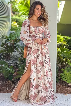 Ivory And Mauve Floral Maxi Dress With Long Sleeves