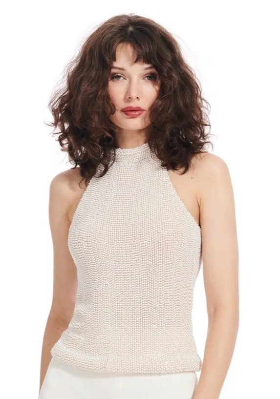 IVORY PEARL AND BLACK PEARL ENCRUSTED SLEEVELESS MOCK NECK