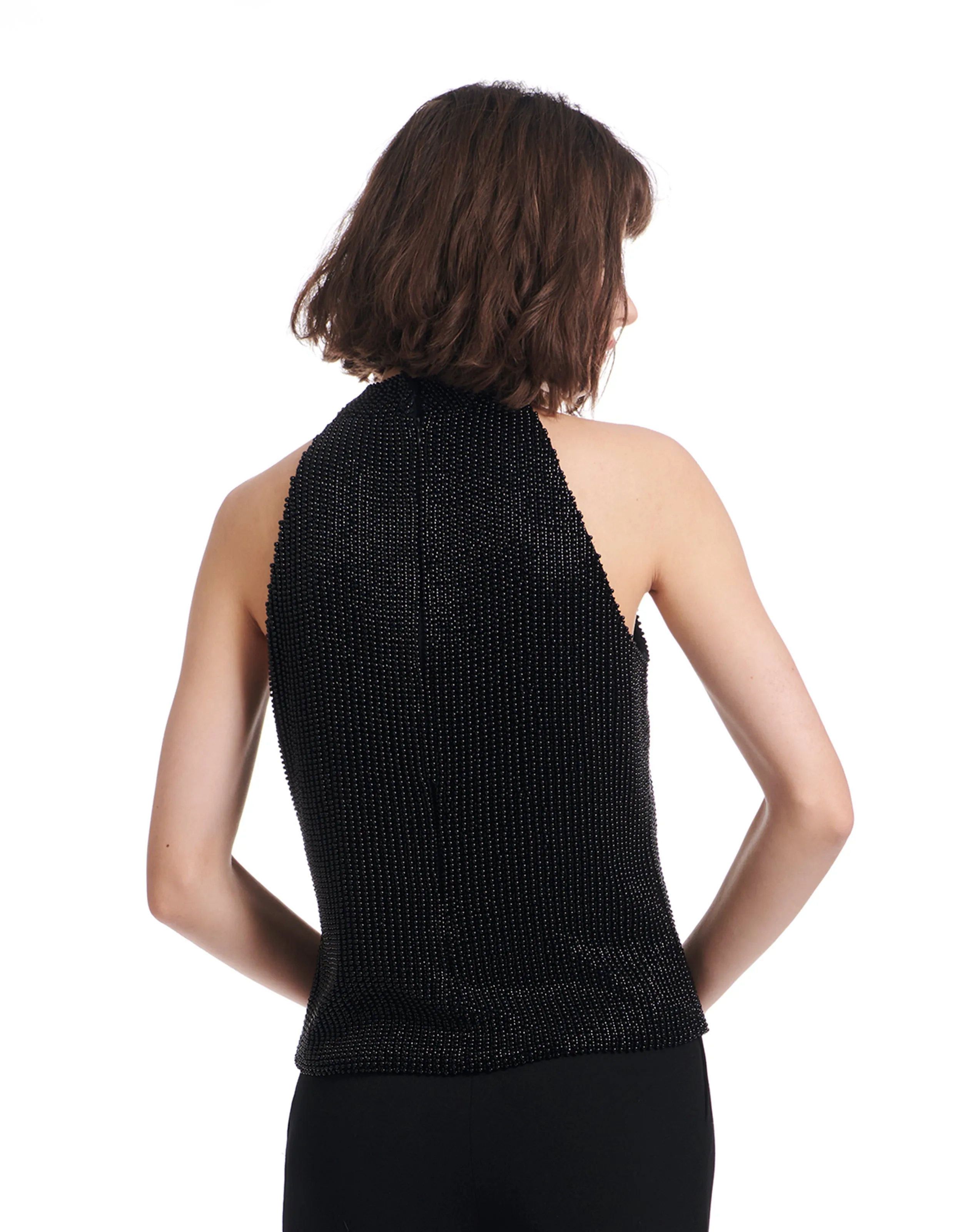 IVORY PEARL AND BLACK PEARL ENCRUSTED SLEEVELESS MOCK NECK
