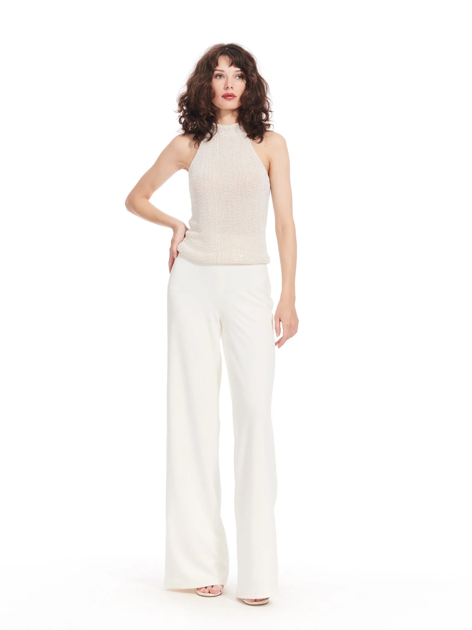 IVORY PEARL AND BLACK PEARL ENCRUSTED SLEEVELESS MOCK NECK