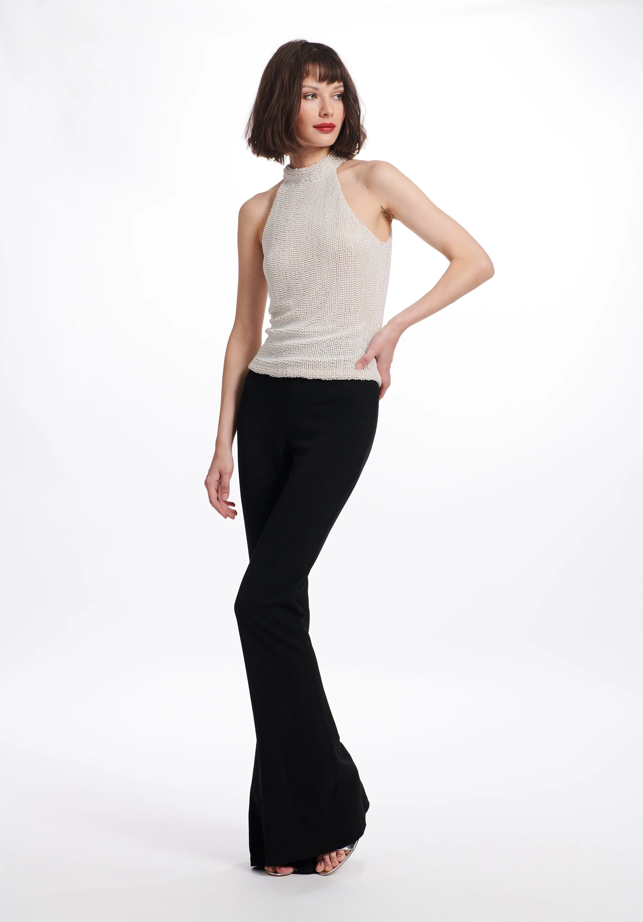 IVORY PEARL AND BLACK PEARL ENCRUSTED SLEEVELESS MOCK NECK