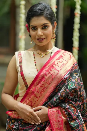 Ivory pure raw silk V neck sleeveless blouse with banarasi trim and potli button detailing