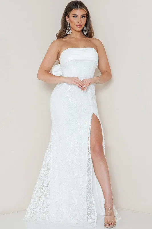 Ivory Strapless Slit Side Bow Back Maxi Dress