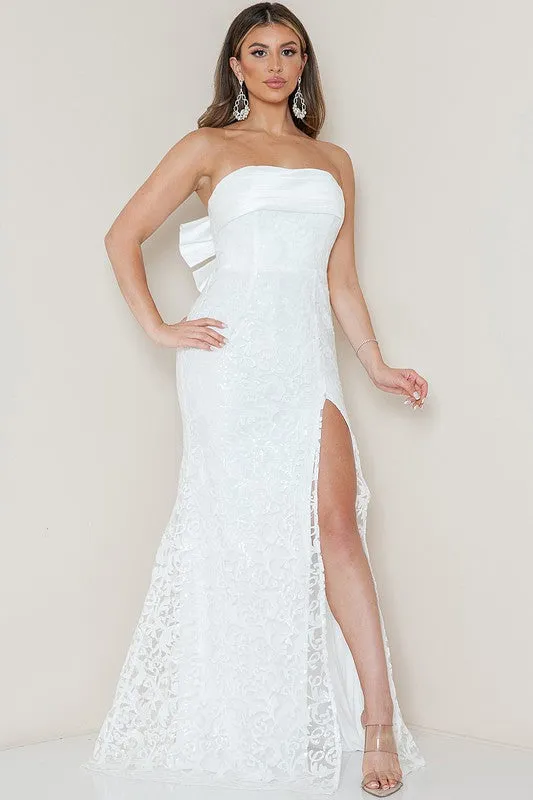 Ivory Strapless Slit Side Bow Back Maxi Dress