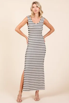 Ivory Striped Knit Scoop Neck Sleeveless Maxi Dress