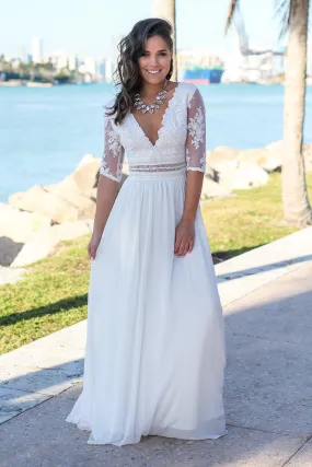 Ivory V-Neck Maxi Dress with Mesh Embroidered Sleeves
