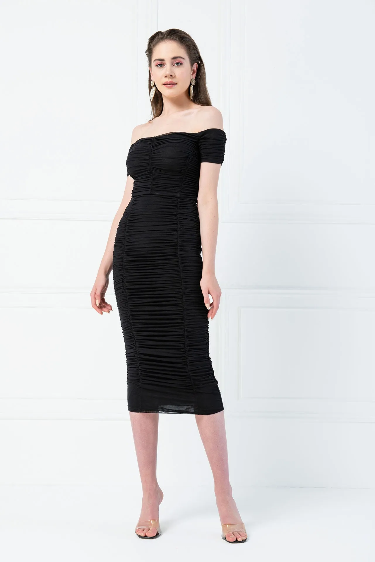 Jada Ruched Stretch Shirred Mesh Off Shoulder Column Midi Dress - Black