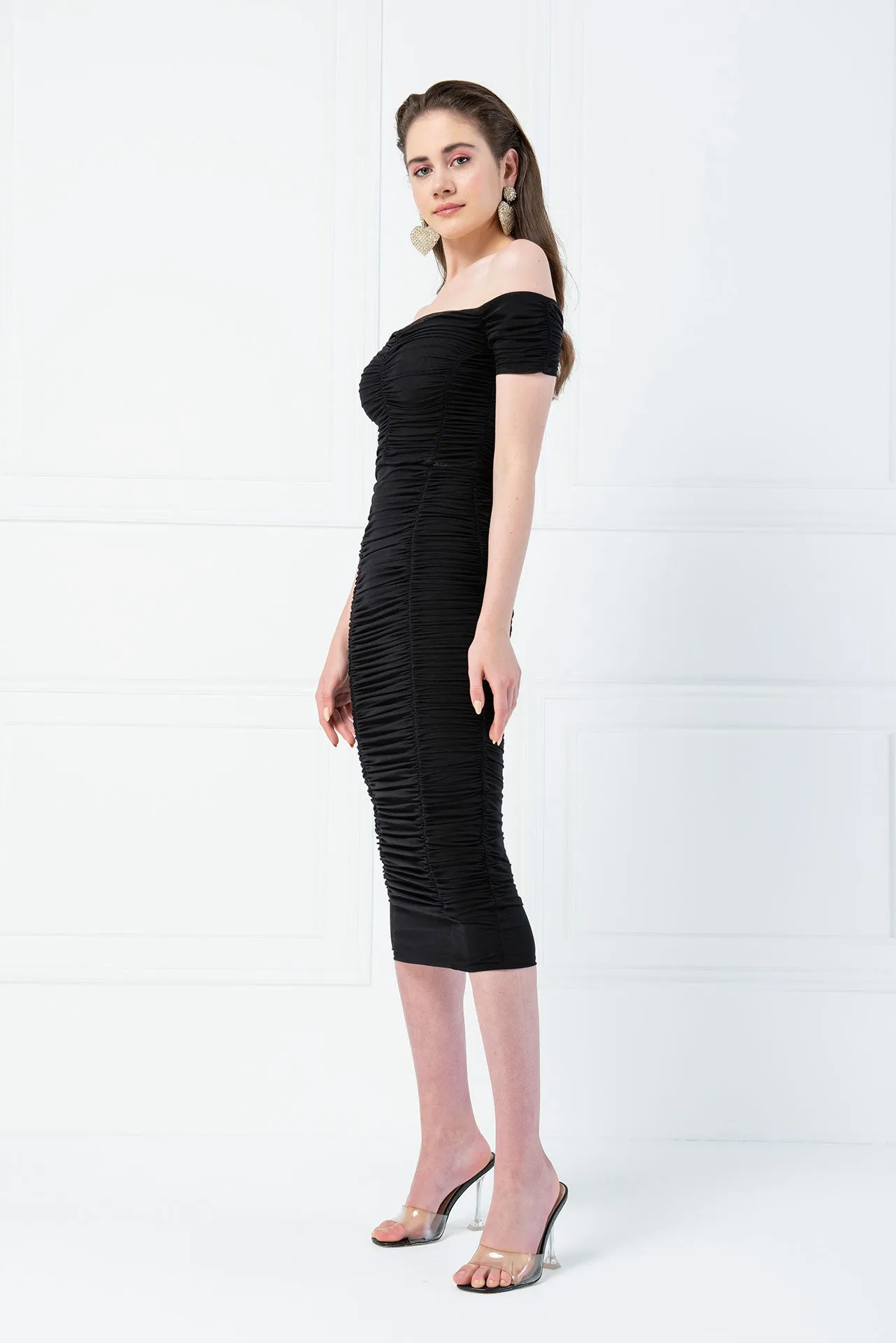 Jada Ruched Stretch Shirred Mesh Off Shoulder Column Midi Dress - Black