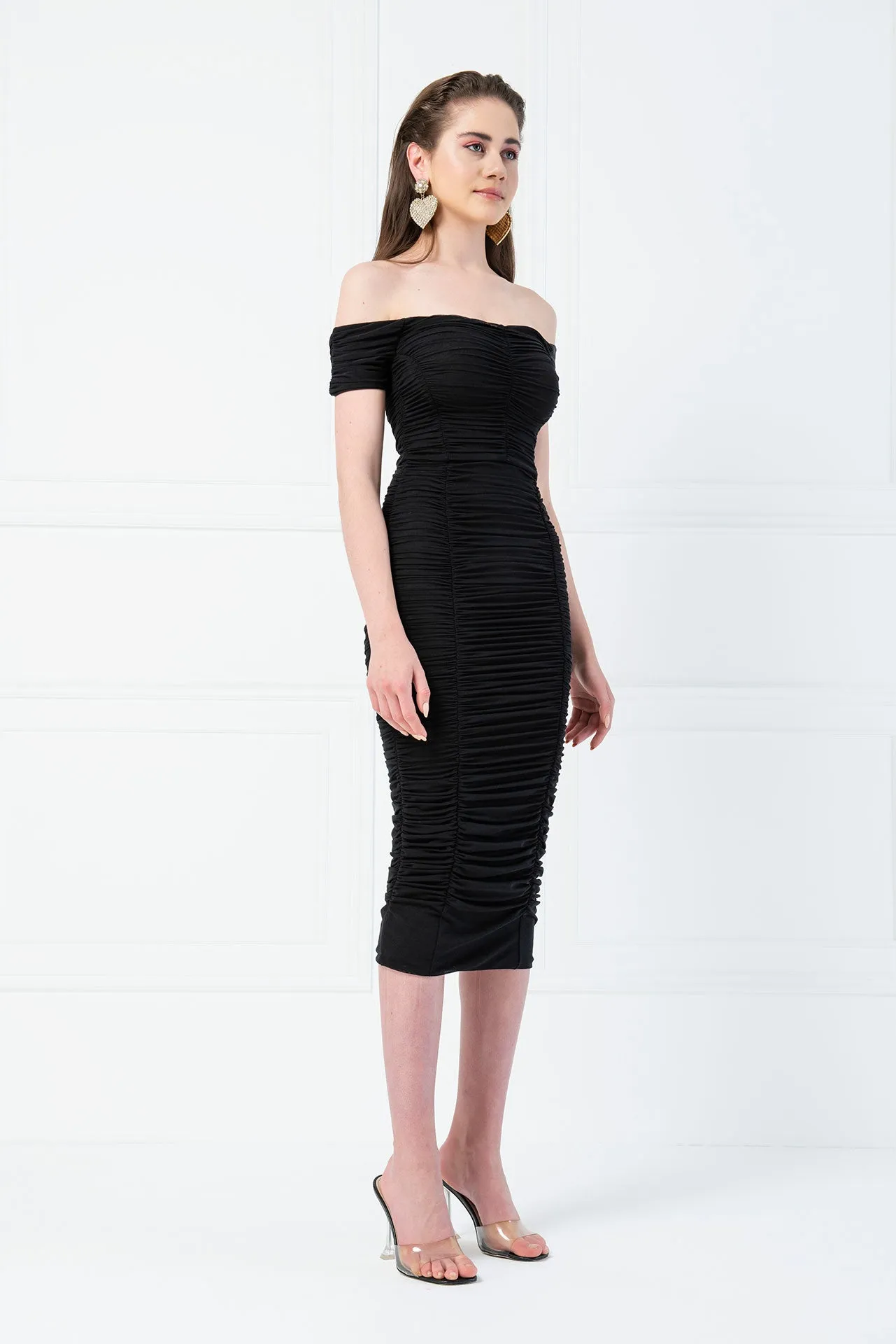 Jada Ruched Stretch Shirred Mesh Off Shoulder Column Midi Dress - Black