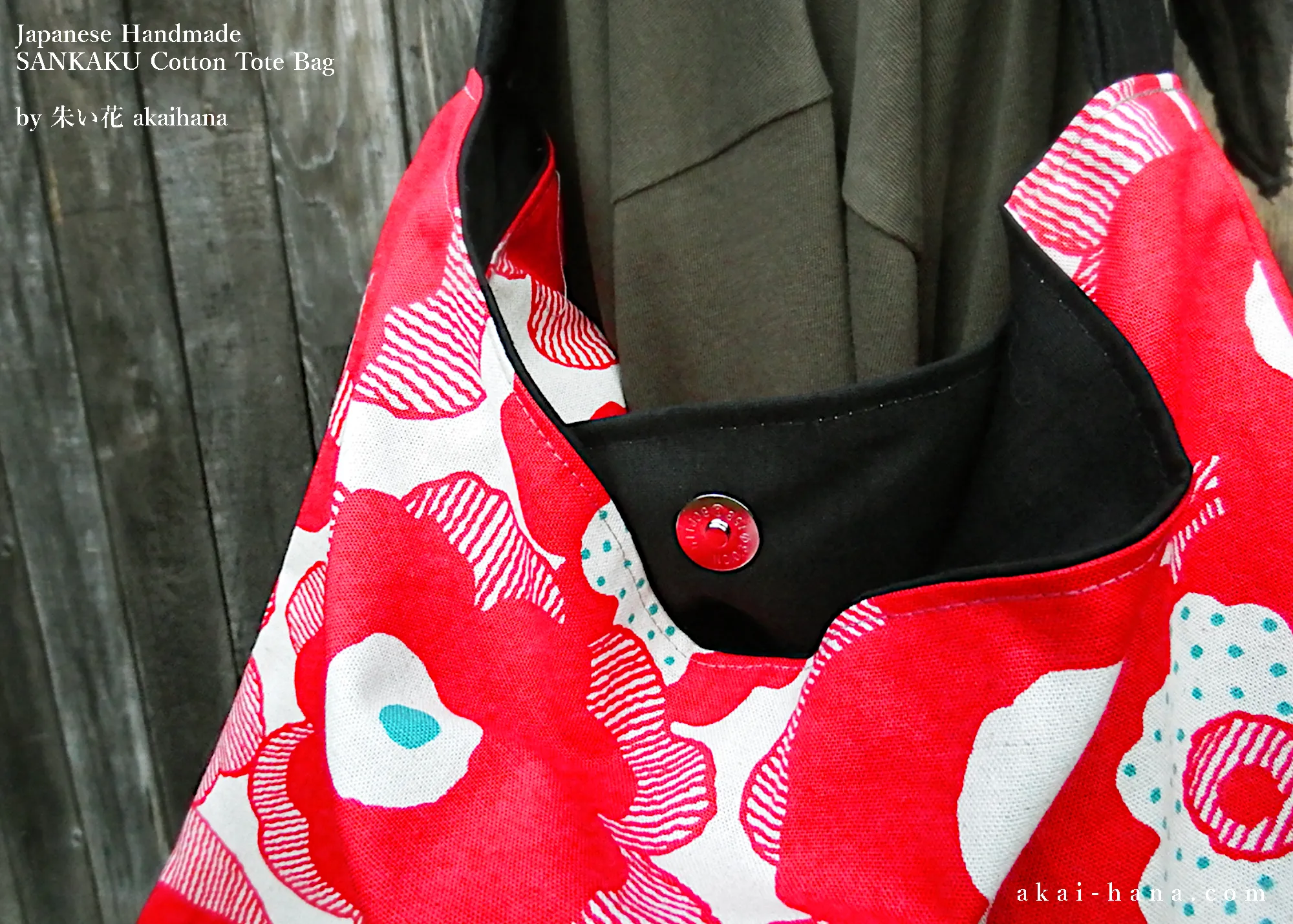 Japanese Handcrafted SANKAKU Tote, Large Floral Red ⦿tbml0028