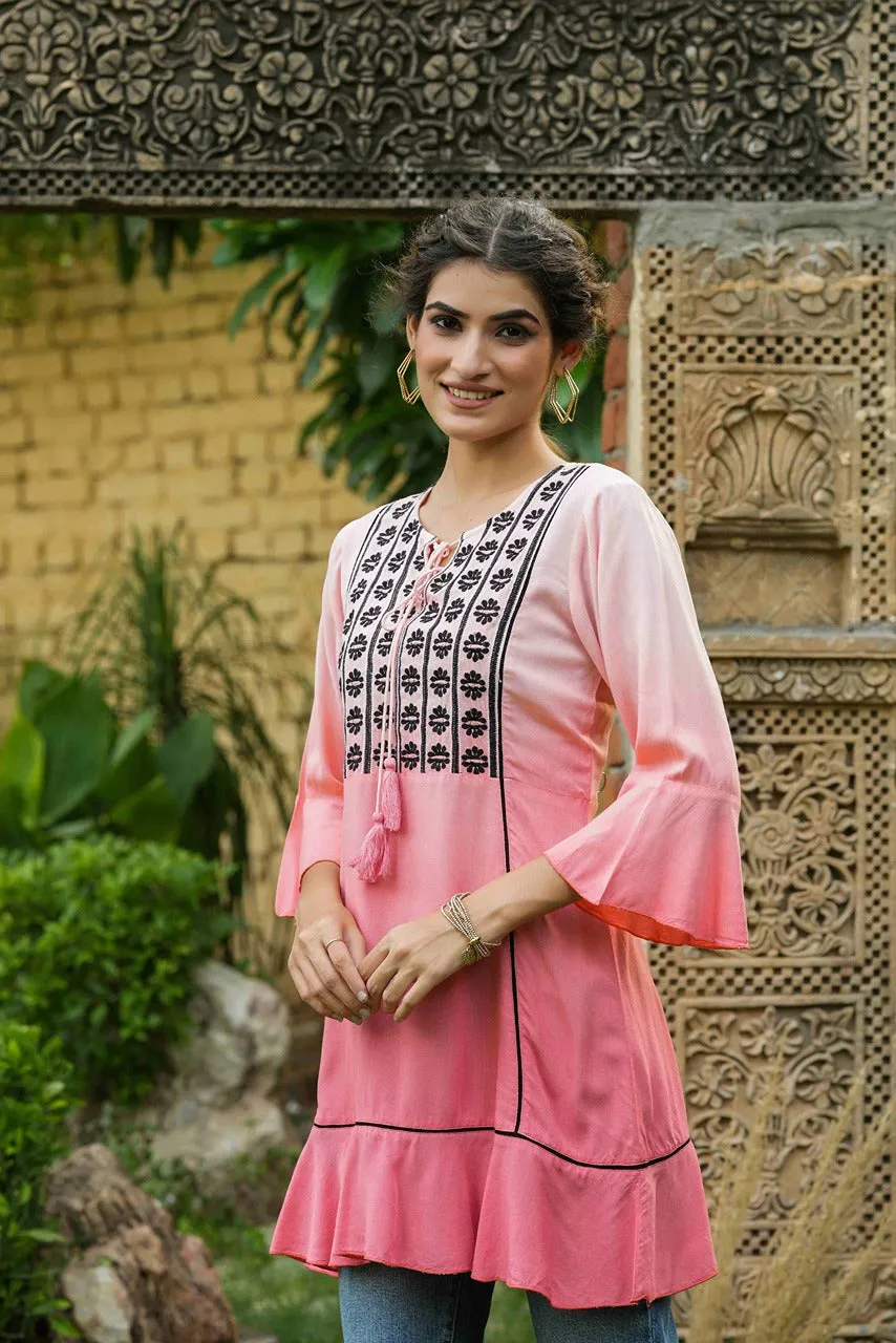Jashvi Peach Rayon Ombre A-Line Tunic With Embroidered Yoke