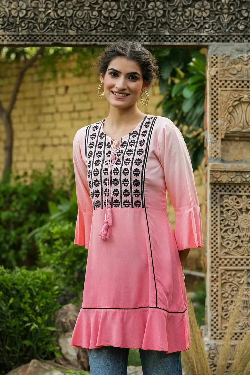 Jashvi Peach Rayon Ombre A-Line Tunic With Embroidered Yoke