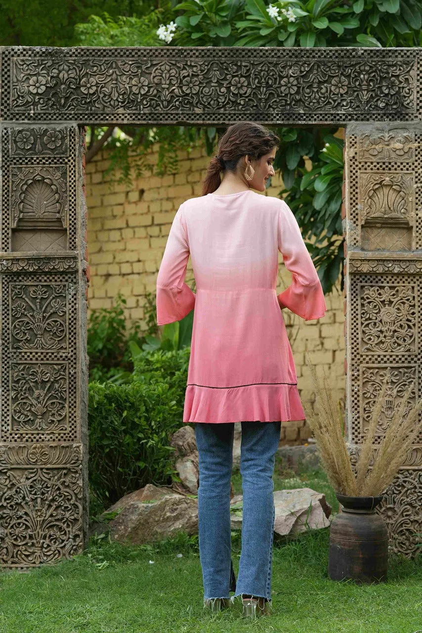 Jashvi Peach Rayon Ombre A-Line Tunic With Embroidered Yoke