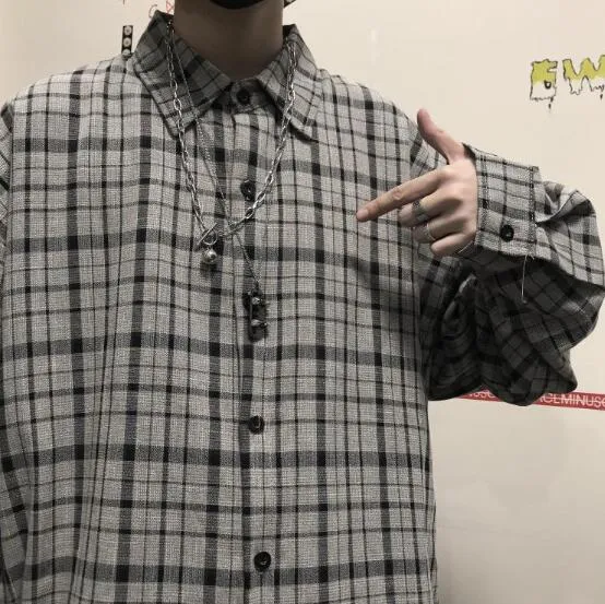 Jinquedai Ootdstudio Korean ins versatile Plaid loose oversize long sleeve shirt for men and camisa masculina gray shirts