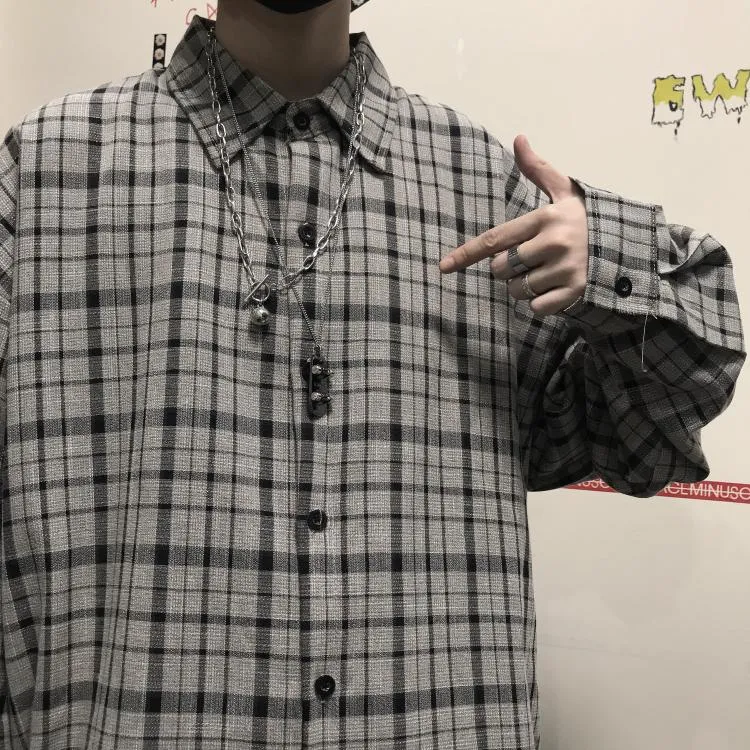 Jinquedai Ootdstudio Korean ins versatile Plaid loose oversize long sleeve shirt for men and camisa masculina gray shirts