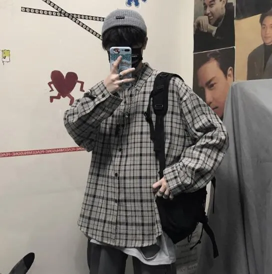 Jinquedai Ootdstudio Korean ins versatile Plaid loose oversize long sleeve shirt for men and camisa masculina gray shirts