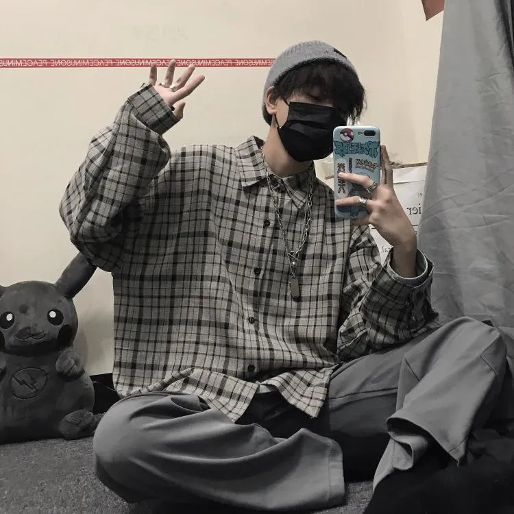 Jinquedai Ootdstudio Korean ins versatile Plaid loose oversize long sleeve shirt for men and camisa masculina gray shirts
