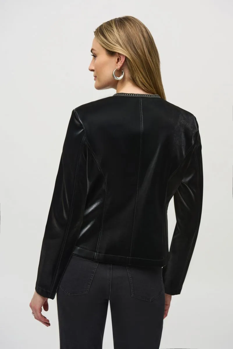 Joseph Ribkoff Black Rhinestone Trim Faux Leather Jacket 244905
