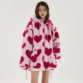 Joskaa Christmas Gift Winter High Street Harajuku Love Printed Rabbit Fur Padded Jacket Men and Women Hong Kong Style Student Hooded Cotton Jacket