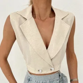 Joskaa Cotton Linen Vest For Women Solid Sleeveless Jacket Chic V-Neck Single-Breasted Ladies Waistcoat Tops Roupas Femininas
