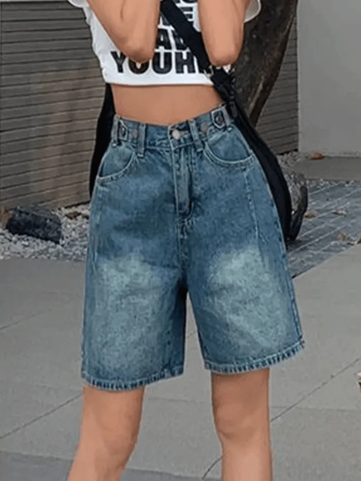 Joskaa Vintage Washed Blue Cropped Denim Shorts