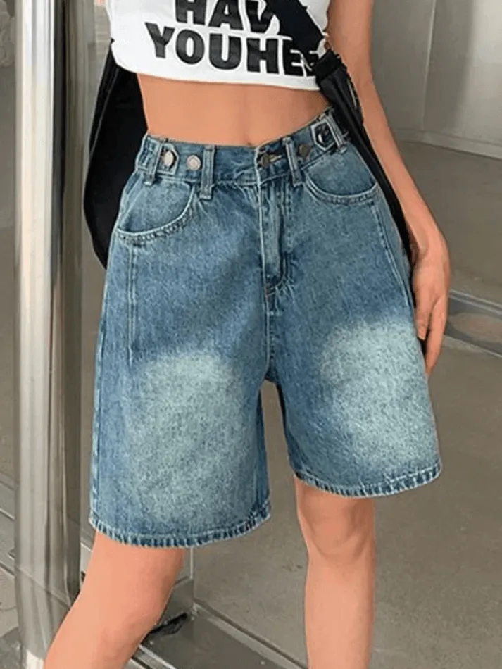Joskaa Vintage Washed Blue Cropped Denim Shorts