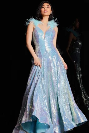 Jovani JVN24164 Size 8 Iridescent Blue Prom Dress Feather Straps V Back A Line Sequins