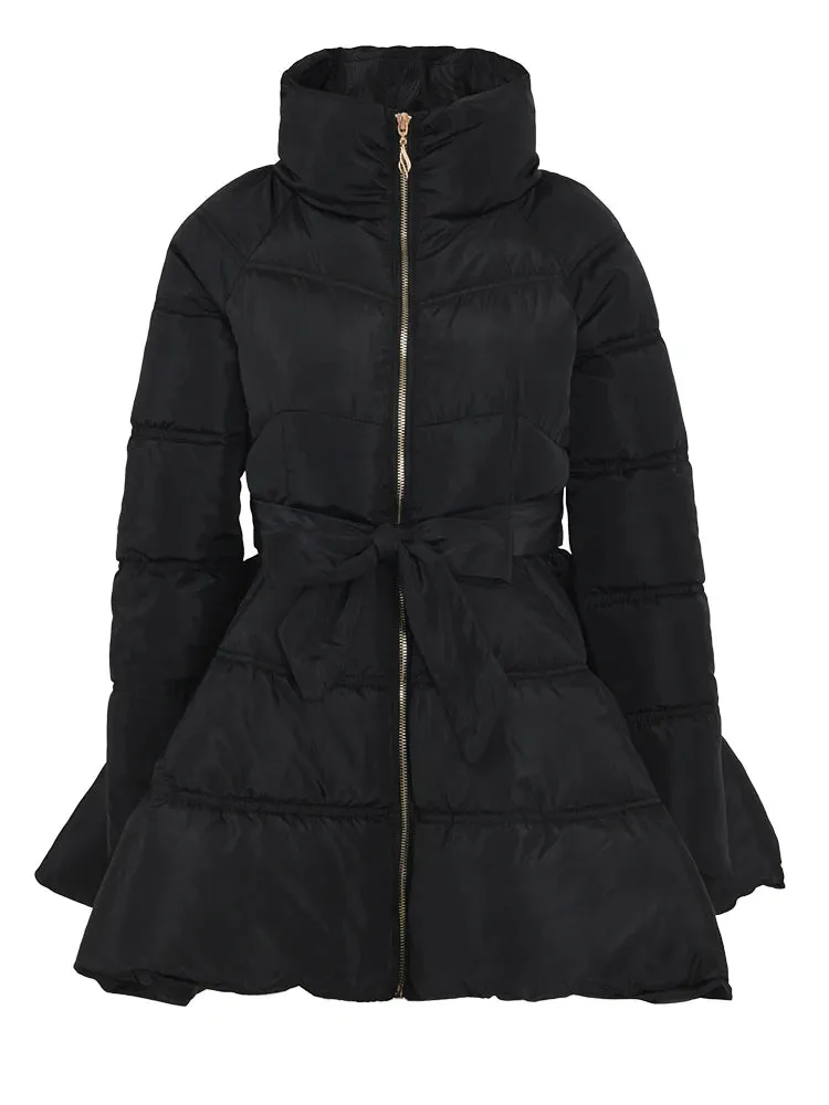 Joyus Fashion Zip Up Bow Tie Waist Puffer Jacket