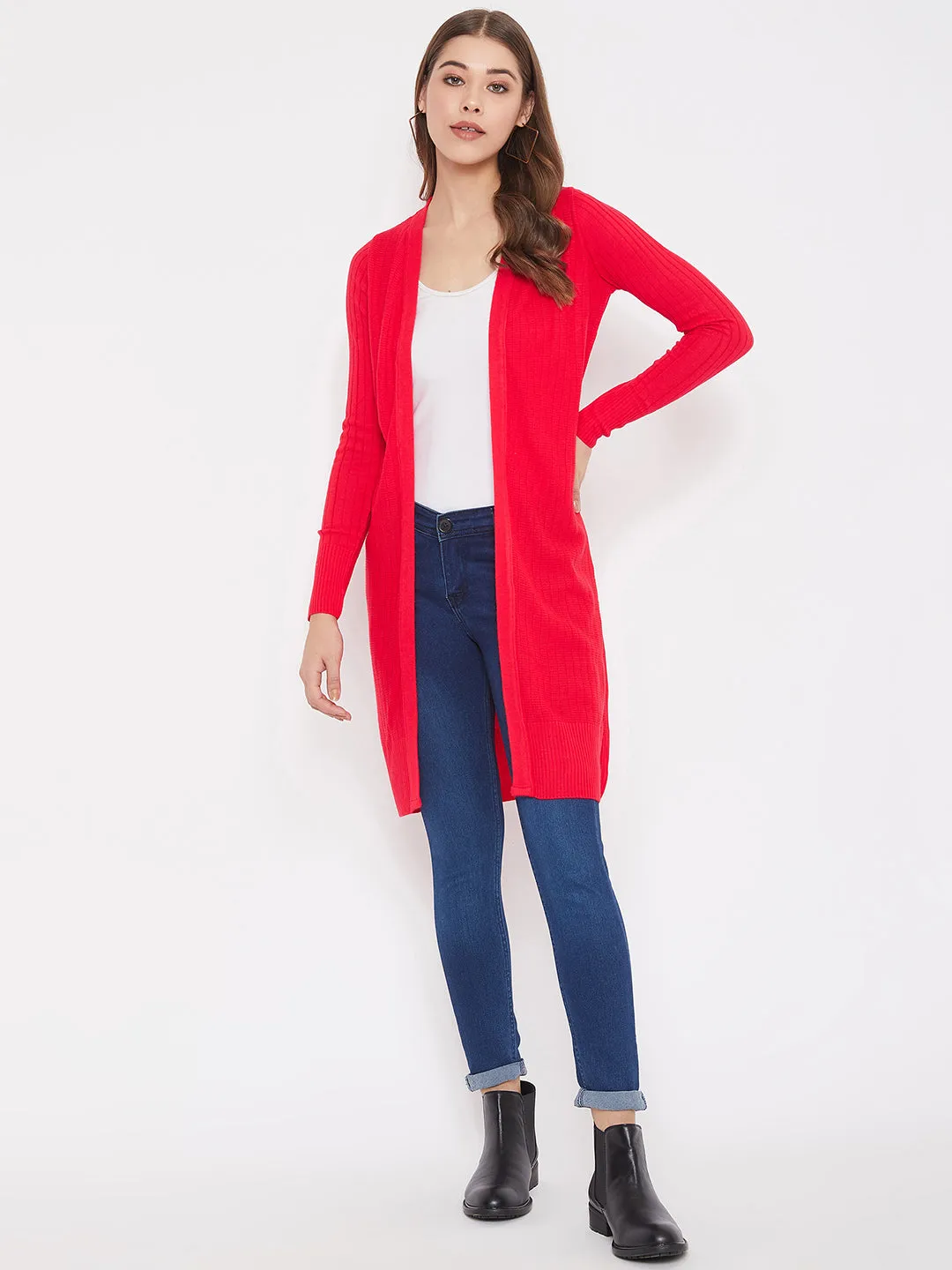 JUMP USA Women Red Solid Longline Open Front Shrug