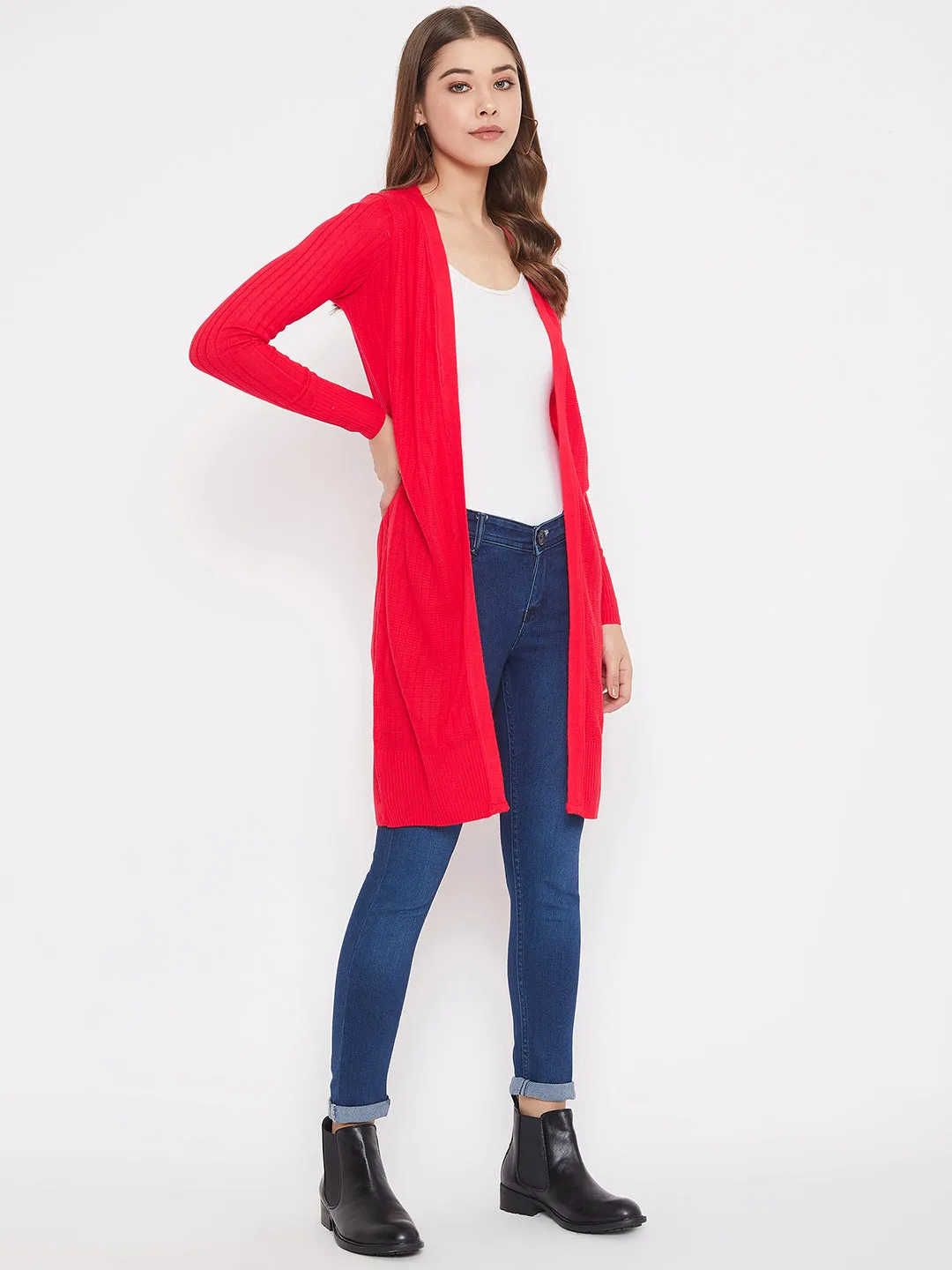 JUMP USA Women Red Solid Longline Open Front Shrug