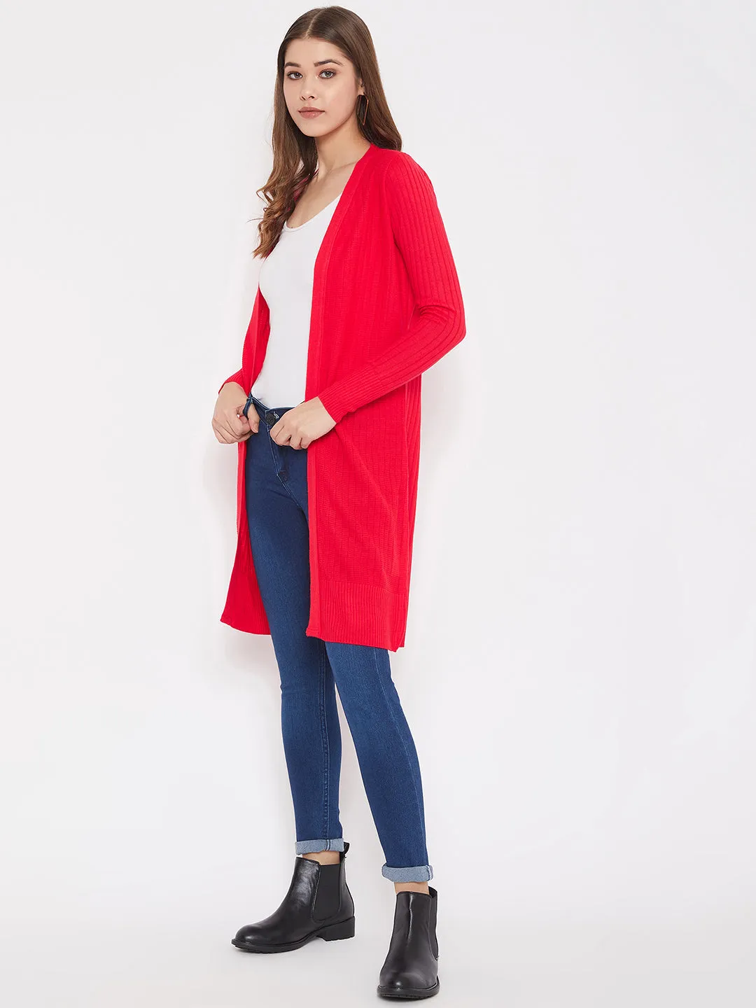 JUMP USA Women Red Solid Longline Open Front Shrug