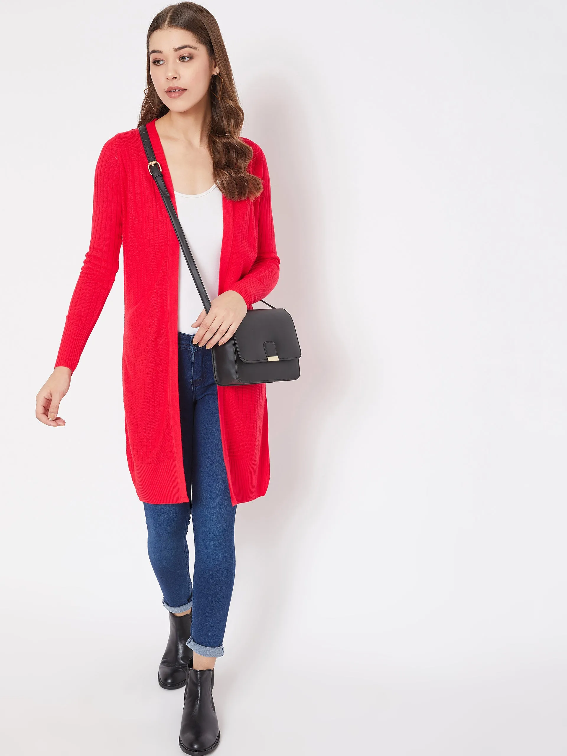 JUMP USA Women Red Solid Longline Open Front Shrug