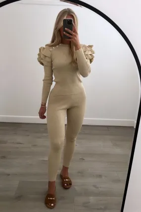 Kadie beige frill shoulder button detail loungewear set