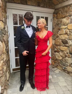 kamahe A line Red Lace Long Prom Dresses
